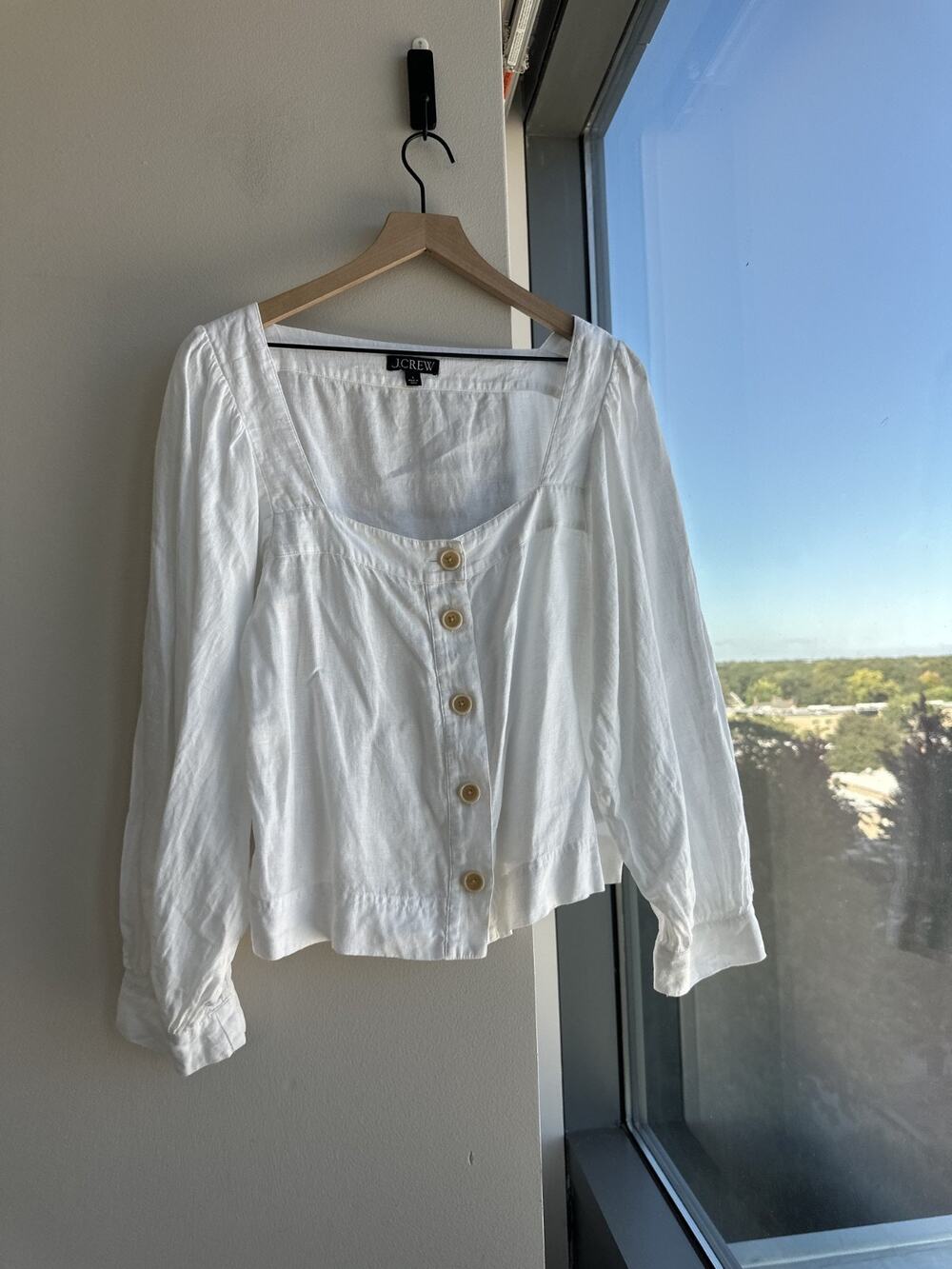 J.Crew 100% Linen Button Front White Cottage Core Long Sleeve Blouse Sz L